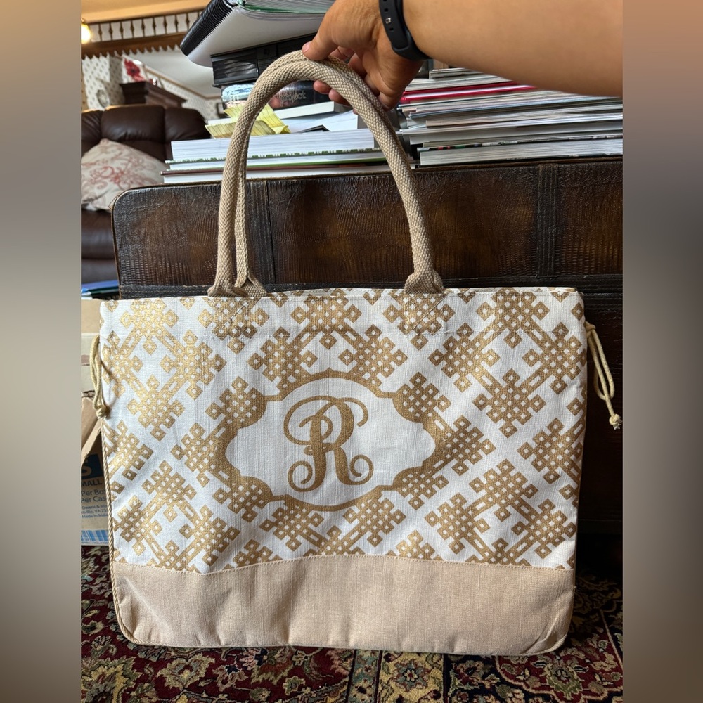 monogrammed jute tote, NWOT